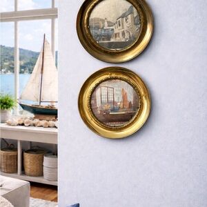 Elegant Gold Bronze Nautical Framed Wall Seascape Art Set of 2 Vintage plates
